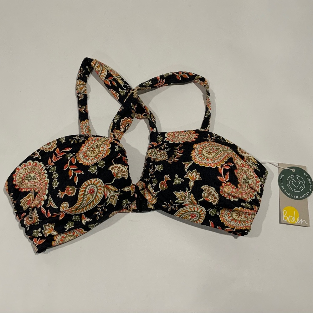 NWT Boden Sz 8 Black Paisley Gathered Bandeau Bikini